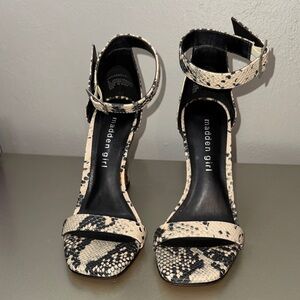 Madden Girl Black and Cream Snakeskin Heels